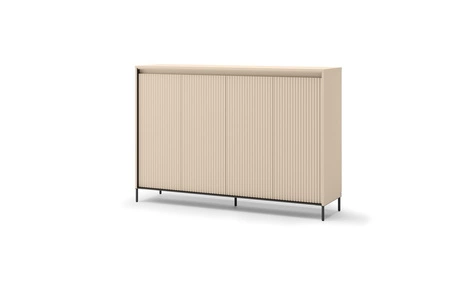 Komoda Trend 152 cm beżowa elegancka komoda z ciekawym ryflowaniem na frontach bryła wsparta na metalowych smukłych nogach