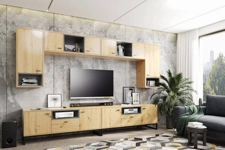 Meblościanka Olier dąb artisan nowoczesny design bryły osadzone na metalowych stelażach meblościanka w stylu industrialnym i loftowym
