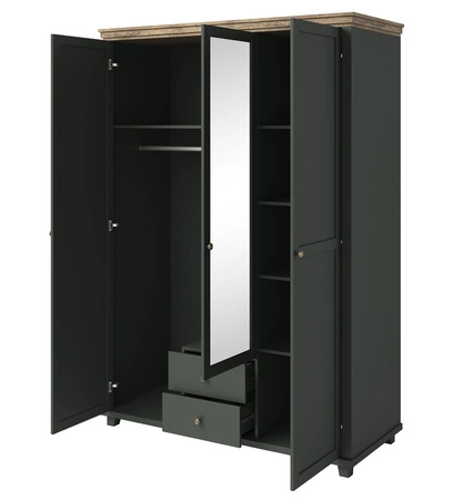 Szafa z lustrem Evora 154 cm butelkowa zieleń / dąb lefkas elegancki design idealna szafa do sypialni przedpokoju pojemne szuflady