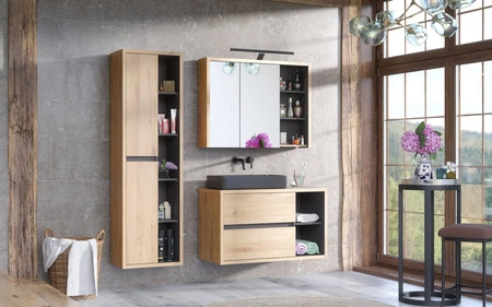 Słupek łazienkowy wiszący Devon 50 cm dąb shetland / grafit prosta forma szafki do łazienki z systemem cichego domykania drzwi