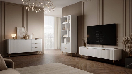 Regał Lante 88 cm biały elegancki regał z szufladami designerskie ryflowania na frontach metalowe uchwyty krawędziowe