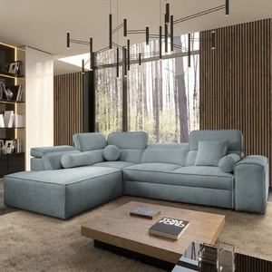 Narożnik z funkcją spania Viano VII szary błękit lewostronny modny i stylowy narożnik z regulowanymi zagłówkami ozdobne poduszki