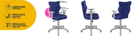 Krzesło do biurka Duo niebieskie dopasowane do wzrostu 159-188 cm profilowane siedzisko regulowane podłokietniki łatwo czyszcząca tkanina