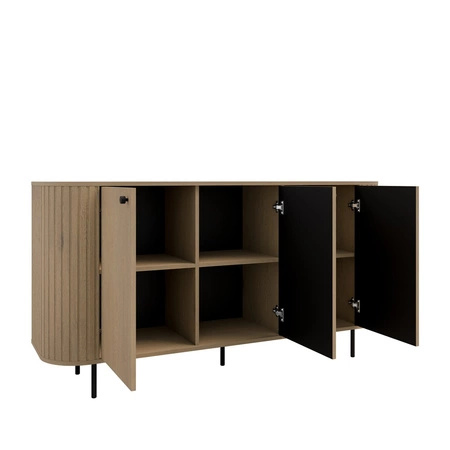 Komoda Ovalio 165 cm dąb cremona minimalistyczna forma dokonała komoda do salonu stylowy owalny kształt ozdobne frezowania na korpusie