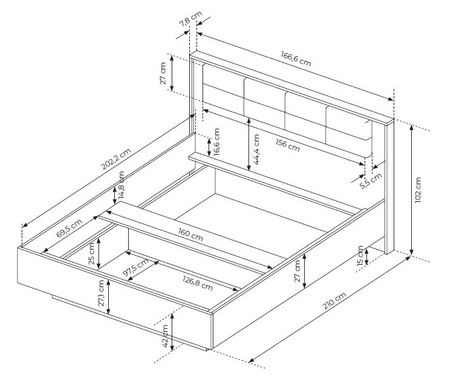 Łóżko Dover 160x200 cm z pojemnikiem na pościel kasztan / antracyt idealne łóżko do sypialni z częściowo tapicerowanym zagłówkiem