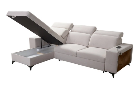 Narożnik z funkcją spania Kelly jasny brąz lewostronny pleciony komfort i funkcjonalność bok narożnika wykończony lamelami