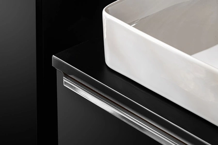 Zestaw mebli łazienkowych Santa Fe czarny / dąb vintage zestaw mebli z szafkami pod umywalki nablatowe metalowe uchwyty krawędziowe