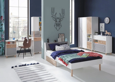 Komoda z szufladami Beja 85 cm biała / dąb artisan / szara idealna do pokoju młodzieżowego funkcjonalna i pojemna