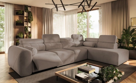 Narożnik z funkcją spania Cantare XI Lux ciemny beż prawostronny komfortowy narożnik do salonu z podnoszonym podnóżkiem miękka tkanina