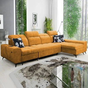 Narożnik z funkcją spania Buffalo XII żółty prawostronny stylowy i funkcjonalny narożnik rozkładany z pojemnikiem na pościel