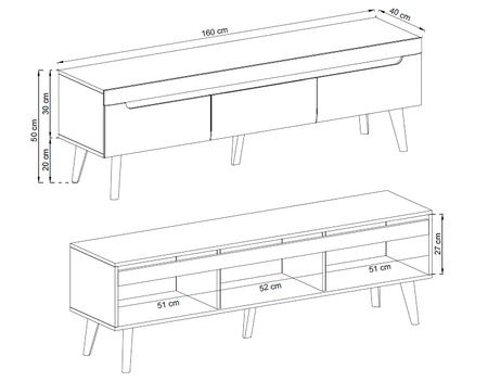 Szafka RTV Atka 160 cm biała / biały połysk / dąb riviera nowoczesny design w stylu skandynawskim z systemem pełnego wysuwu szuflad