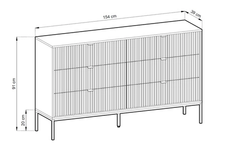Komoda z szufladami Lovro 154 cm czarna nowoczesny design zachwyci miłośników wyrazistych wnętrz ryflowane fronty metalowe uchwyty