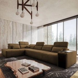 Narożnik z funkcją spania Tesalia XI brązowy lewostronny nowoczesny narożnik z komfortowym przesuwanym oparciem i pojemną szufladą