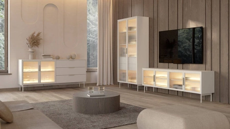 Witryna Lumi 92 cm beżowa designerska witryna z ryflowanym szkłem wewnętrzne szuflady z systemem push to open oświetlenie LED