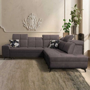 Narożnik z funkcją spania Buffalo IX brązowy prawostronny stylowy narożnik do pokoju wykonany z welurowej tkaniny ozdobne poduszki