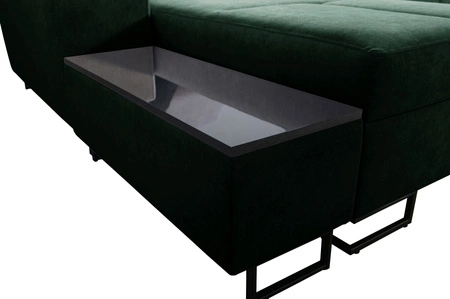 Narożnik z funkcją spania Alcamo czarny lewostronny elegancki i stylowy narożnik z dostawką praktyczna szuflada w boczku mebla