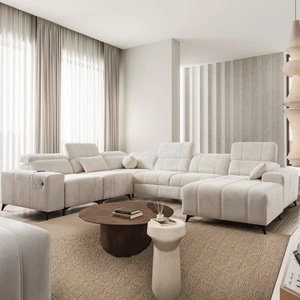 Narożnik z funkcją spania Penejos VIII kremowy prawostronny stylowy narożnik rozkładany wykonany z wytrzymałej tkaniny