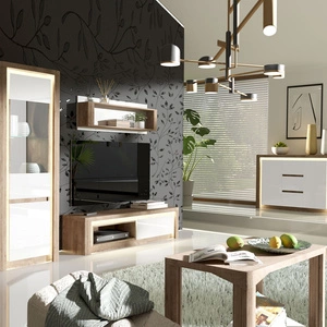 Zestaw mebli Livinio dąb ribbeck / biały połysk nietuzinkowa meblościanka do salonu o lekkim designie subtelne oświetlenie ledowe