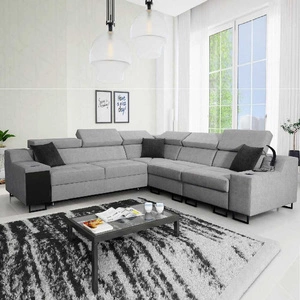 Narożnik z funkcją spania Alcamo III siwy prawostronny funkcjonalny i stylowy narożnik z szufladą w boczku dwa pojemniki na pościel