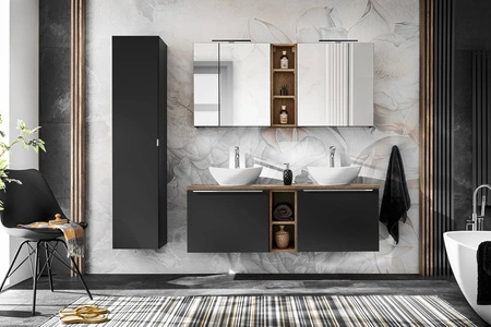 Słupek łazienkowy wiszący Santa Fe 35 cm czarny elegancka szafka do łazienki dwie szuflady we wnętrzu metalowy uchwyt krawędziowy