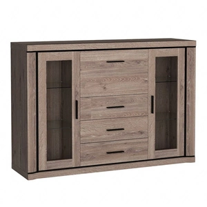 Komoda z szufladami Dallas 157 cm dąb truflowy / czarny elegancka stylistyka mebla wzbogacona o stylowe czarne dodatki przeszklone fronty