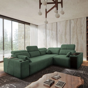 Narożnik z funkcją spania Tesalia II miętowy prawostronny komfortowy narożnik do salonu z przesuwanym oparciem pojemnik na pościel