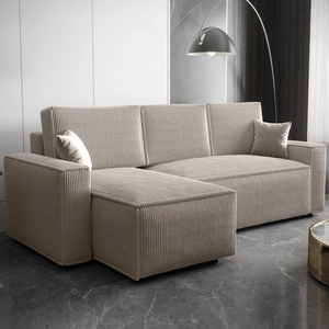 Narożnik z funkcją spania Nelo kość słoniowa lewostronny praktyczny i nowoczesny narożnik pokryty sztruksową tkaniną pojemnik na pościel