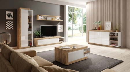 Komoda wysoka Sintra 151 cm dąb samdal / biały połysk oryginalny design komoda do salonu o ciekawym kształcie system push to open