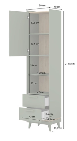 Zestaw mebli Scandia zielony / dąb olejowany nowoczesny design meble na wysokich nogach do pokoju nastolatka czy biura pojemne szuflady