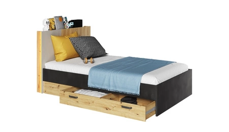 Łóżko Qubic 120x200 cm dąb artisan / raw steel / silk flou komfortowe łóżko z obustronnymi szufladami stabilny stelaż pod materac