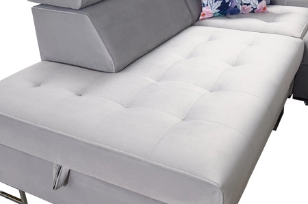 Narożnik z funkcją spania Hampton VI beżowy prawostronny funkcjonalny narożnik do salonu z ruchomą dostawką oraz półką