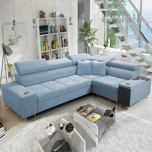 Narożnik z funkcją spania Dafni II błękitny prawostronny velvet narożnik z pojemnikiem na pościel szuflada z pełnym wysuwem