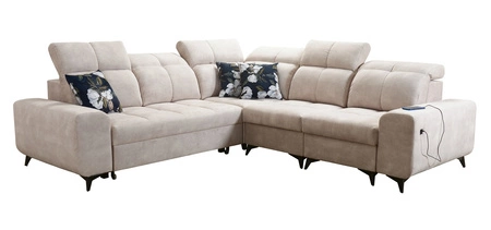 Narożnik z funkcją spania Buffalo III beżowy prawostronny komfortowy narożnik o estetycznym wykończeniu z pojemnikami na pościel