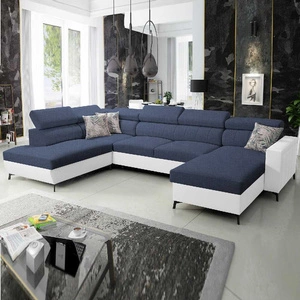 Narożnik z funkcją spania Savona VI granatowy / biały prawostronny komfortowy narożnik do salonu z dwoma pojemnikami na pościel