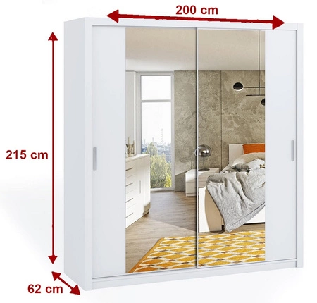 Szafa przesuwna z lustrem Rico 200 cm biała funkcjonalny mebel w stylu klasycznym szafa dedykowana do sypialni lub przedpokoju