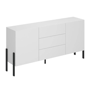 Komoda z szufladami Jukon 184 cm biała elegancka forma mebla w nowoczesnym stylu system otwierania push to open metalowe czarne nogi
