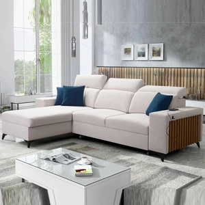 Narożnik z funkcją spania Kelly kość słoniowa lewostronny velvet komfort i funkcjonalność bok narożnika wykończony lamelami