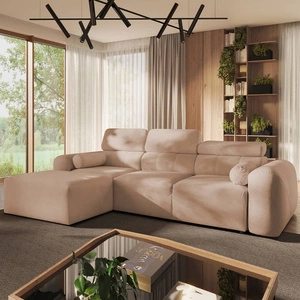 Narożnik z funkcją spania Cantare łososiowy lewostronny funkcjonalny i komfortowy narożnik o nowoczesnym designie pluszowa tkanina