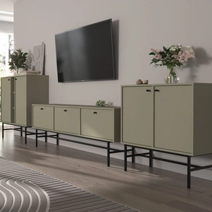 Meblościanka Kioto III eukaliptus stylowy design mebli do salonu eleganckie meble wsparte na czarnym stelażu subtelne uchwyty