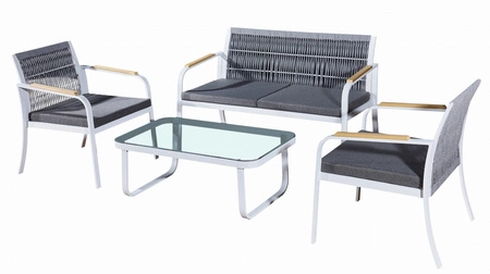 Zestaw mebli ogrodowych Raro biały designerska konstrukcja mebli krzesła plecione idealne meble na mały taras szklany blat stolika