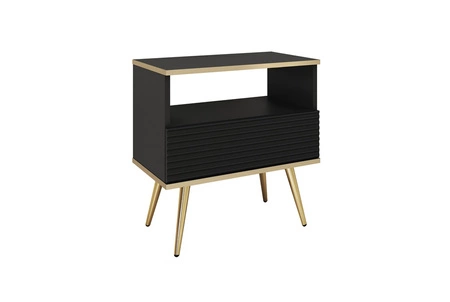 Szafka nocna z szufladą Luxury czarna elegancki design korpus zwieńczony złotą listwą szafka z ryflowanym frontem złote wysokie nogi