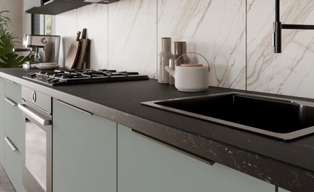 Zestaw mebli kuchennych Treviso Bl 390 cm stylowe szafki kuchenne z frontami wykonanymi w technologii anti fingerprint metalowe uchwyty