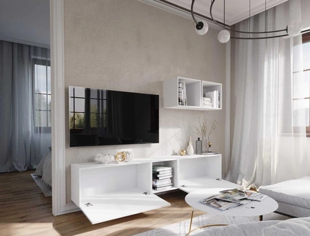 Meblościanka Glifa biała / biały połysk stylowa i ergonomiczna meblościanka do każdego wnętrza system otwierania drzwi push to open