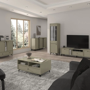 Zestaw mebli do salonu Kioto I eukaliptus stylowy design eleganckie meble w stonowanej kolorystyce wzbogacone czarnymi dodatkami