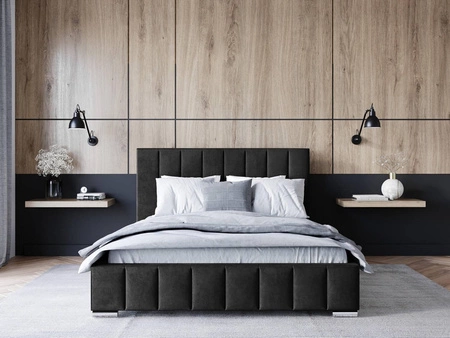 Łóżko tapicerowane Insam 180x200 czarne stylowe łóżko z pojemnikiem na pościel wygodny zagłówek zachwyca eleganckim designem