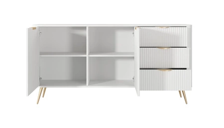 Komoda z szufladami Lante 163 cm biała gustowna komoda z ryflowanymi frontami wsparta na wysokich skośnych nogach stylowe uchwyty