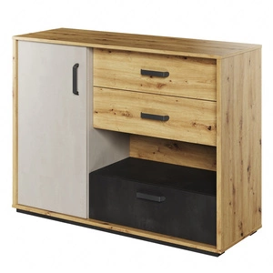 Komoda z szufladami Qubic 120 cm dąb artisan / raw steel / silk flou nowoczesna komoda o ciekawym designie z metalowymi uchwytami