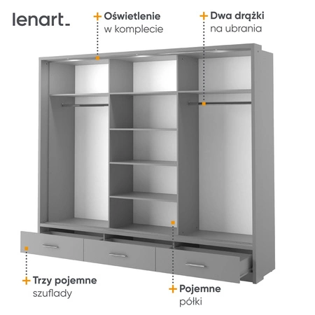 Szafa przesuwna z lustrem Arti 250 cm szara estetycznie wykonana szafa do sypialni wzbogacona oświetleniem LED pojemne szuflady