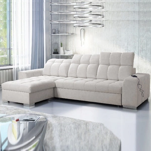 Narożnik z funkcją spania Luigi jasny beż lewostronny narożnik z dwoma pojemnikami na pościel tkanina o ciekawej strukturze