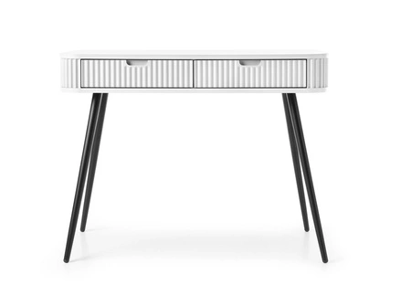 Konsola Zoya biała z szufladami stylowa oraz funkcjonalna toaletka zaoblony kształt bryły ryflowane fronty szuflad metalowe nogi